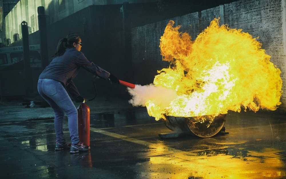 Woman using a fire extinguisher to put out a fire